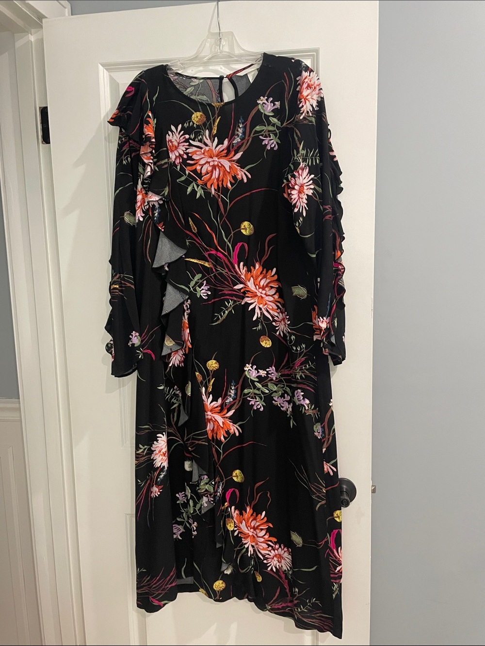 H&M Black Floral Ruffle Long Sleeve Maxi Dress
